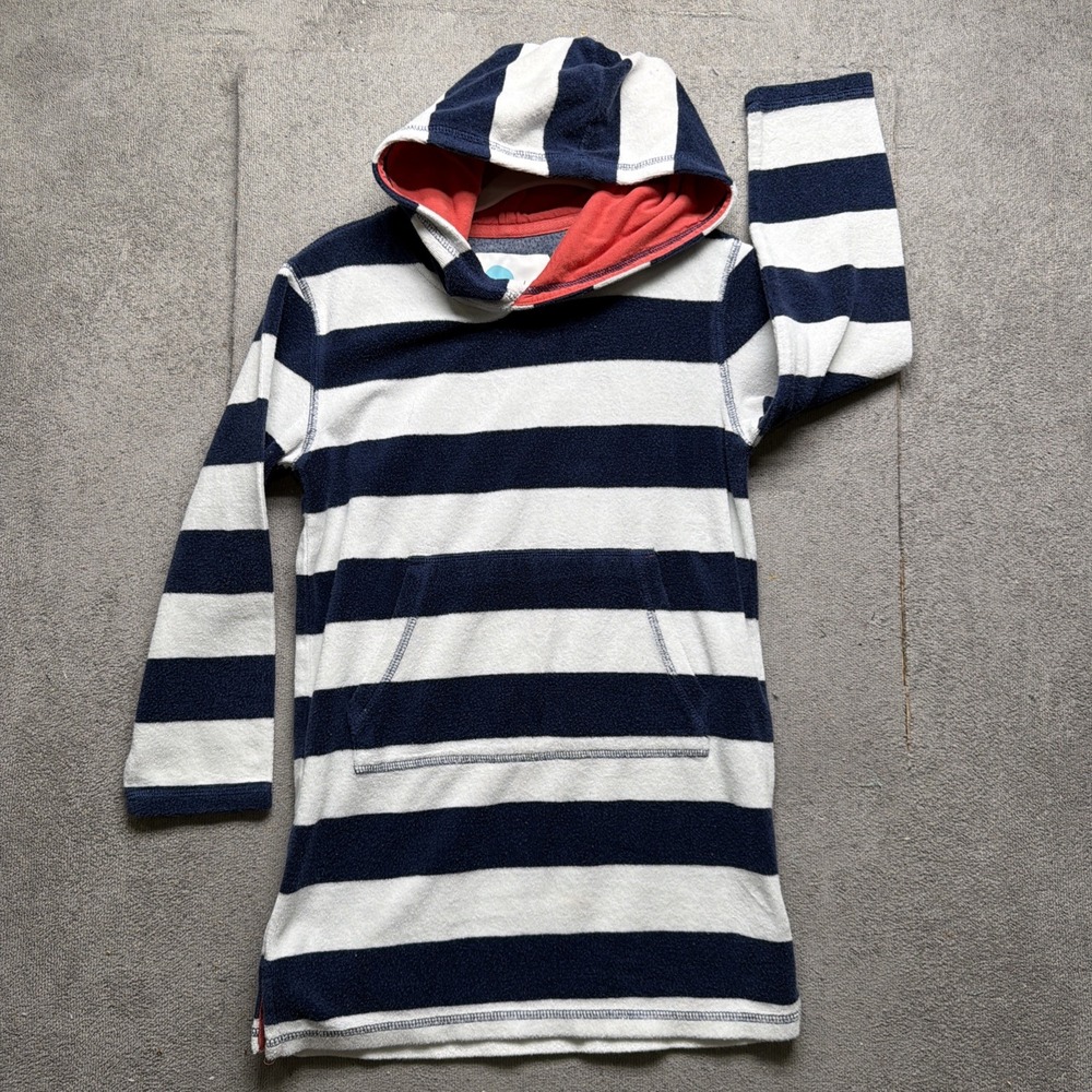 Mini Boden Blue White Striped Terry Cloth Hoodie Kids 7‎ 8